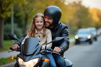 Pere et fille en moto sur une rue calme en matinée
