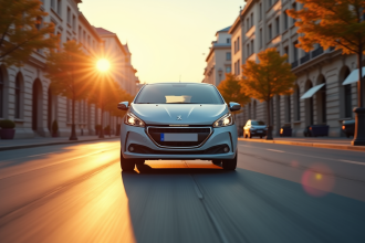 Voiture Peugeot 208 électrique en ville en mouvement