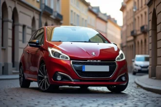 Peugeot 208 GTI rouge métallique vue 3/4 avant dans une rue urbaine européenne