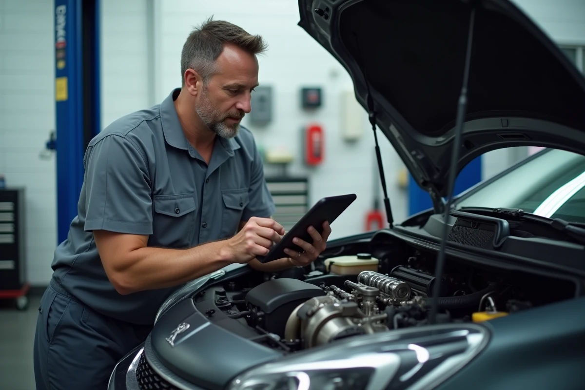 Mécanicien professionnel inspectant le moteur d'une Peugeot 208 GTI dans un garage