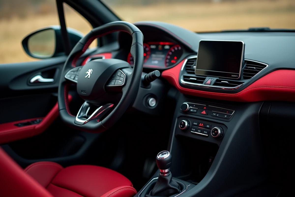 Intérieur sportif de la Peugeot 208 GTI avec volant sport et sellerie à coutures rouges