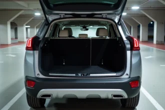 Coffre du Peugeot 3008 ouvert avec sièges relevés, vue en trois quarts arrière dans un parking