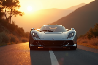 Peugeot 907 sur route de montagne en soleil couchant