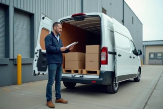 Peugeot Expert L2 chargé de palettes euroformat au niveau d'un quai de chargement industriel, portes arrière ouvertes