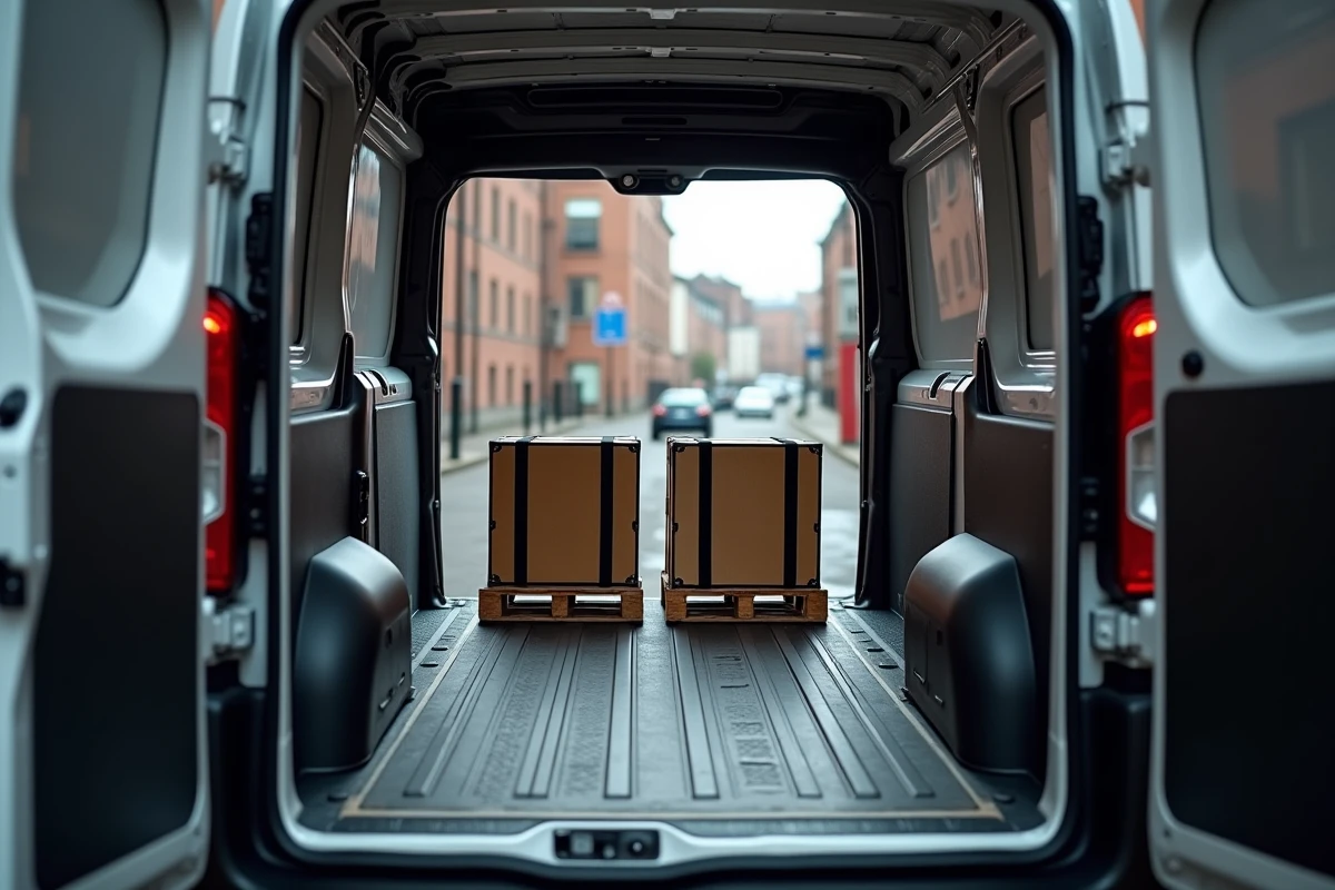 Intérieur du Peugeot Expert L3 avec deux palettes euroformat et sangles de fixation, vue depuis les portes arrière ouvertes