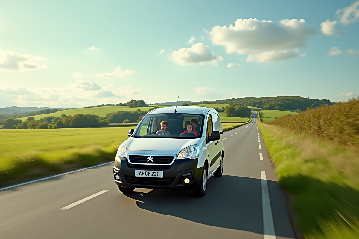 Voiture Peugeot Partner Tepee sur une route de campagne verte