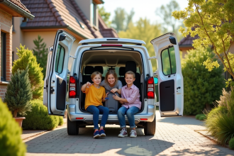 Famille avec Peugeot Partner Tepee dans la cour ensoleillée