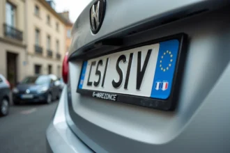 Gros plan sur une plaque d'immatriculation française au format SIV montée à l'arrière d'une berline argentée en milieu urbain