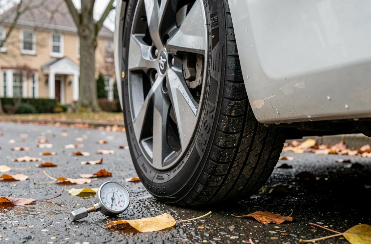 Gros plan sur un pneu 4 saisons d'une Toyota Yaris Hybride avec marquage M+S et valve de gonflage visible