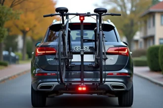 Porte vélo attelage 4 vélos avec plaque d'immatriculation et feux de signalisation montés à l'arrière d'un SUV familial