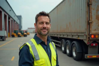 Professionnel de la logistique debout devant un porteur et une remorque en location longue durée dans un centre de distribution industriel