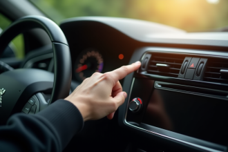 Main du conducteur appuyant sur le bouton du capteur de stationnement dans une Peugeot 308