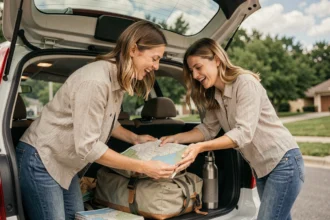 Femme préparant le coffre de son SUV pour un road trip de dernière minute dans un quartier résidentiel