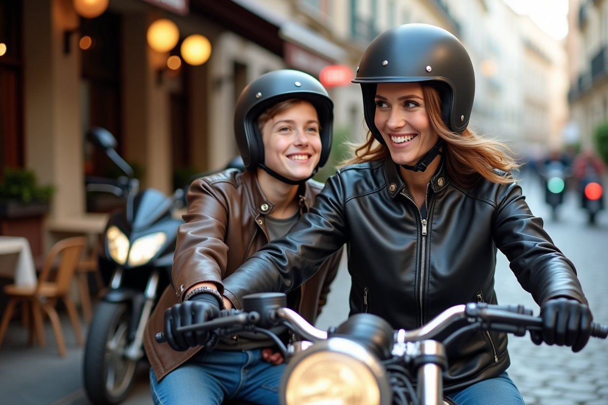 Femme souriante vérifiant une moto avec son fils en ville