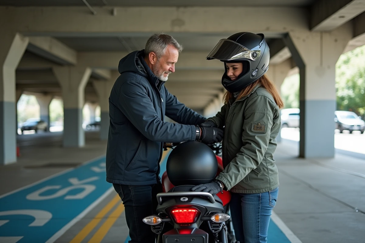 Réglage du dossier passager et des poignées sur une moto de tourisme en garage urbain avant un trajet en duo