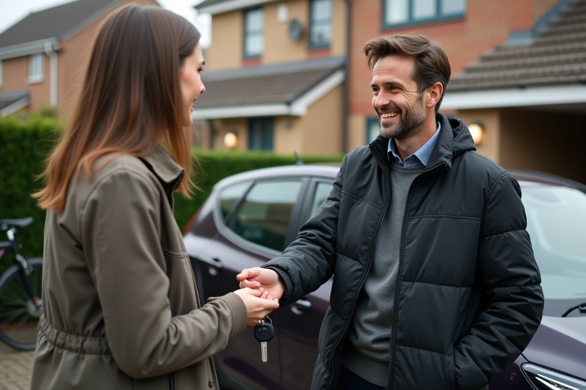Un vendeur remet les clés d'une voiture à une acheteuse dans une allée résidentielle, illustrant une transaction de vente de véhicule entre particuliers via un site comme Autosmart360
