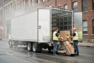 Remorque frigorifique ouverte à quai de chargement urbain avec travailleurs en gilets haute visibilité déchargeant des colis