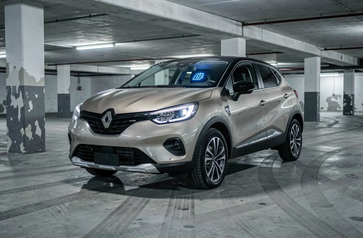 Renault Captur garée dans un parking souterrain avec un voyant de mode de conduite visible sur le tableau de bord à travers le pare-brise