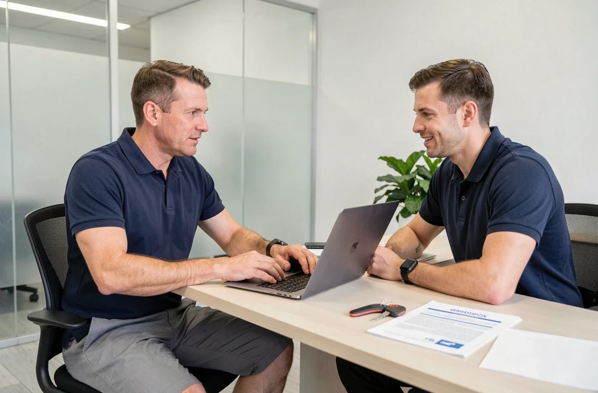 Homme en rendez-vous avec un conseiller en assurance scooter dans une agence moderne