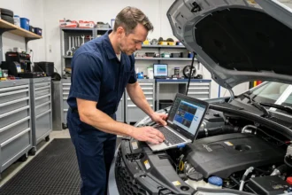 Technicien automobile connectant un outil de diagnostic OBD à un moteur turbo lors d'une reprogrammation moteur à Lille