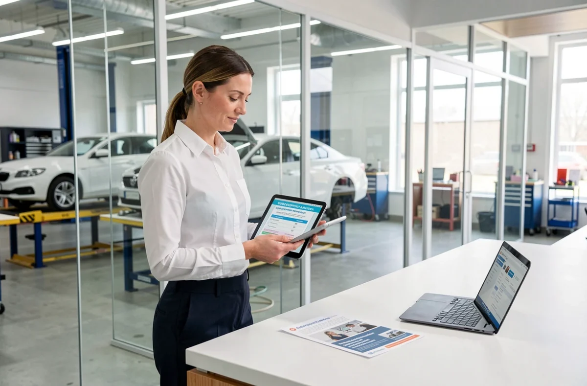 Responsable d'atelier féminine comparant des abonnements de données professionnelles sur tablette dans un bureau de garage