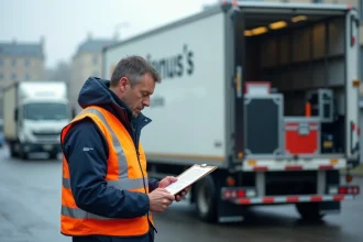 Manager de production homme vérifiant documents à côté d'un camion film