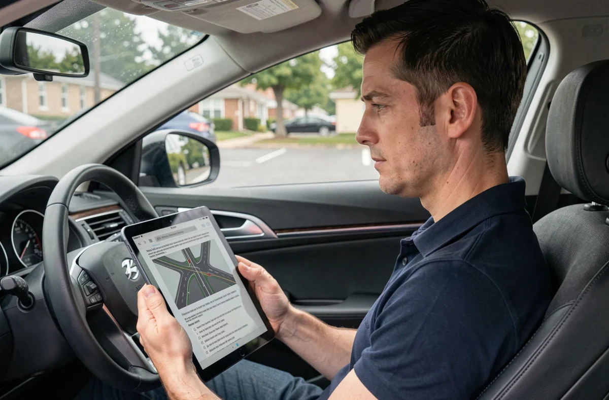 Homme consultant un PDF de questions du permis de conduire sur tablette assis dans une voiture garée