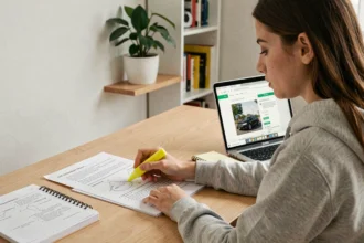 Jeune femme révisant des questions de permis de conduire en PDF sur un bureau en bois avec un ordinateur portable d'auto-école en ligne ouvert