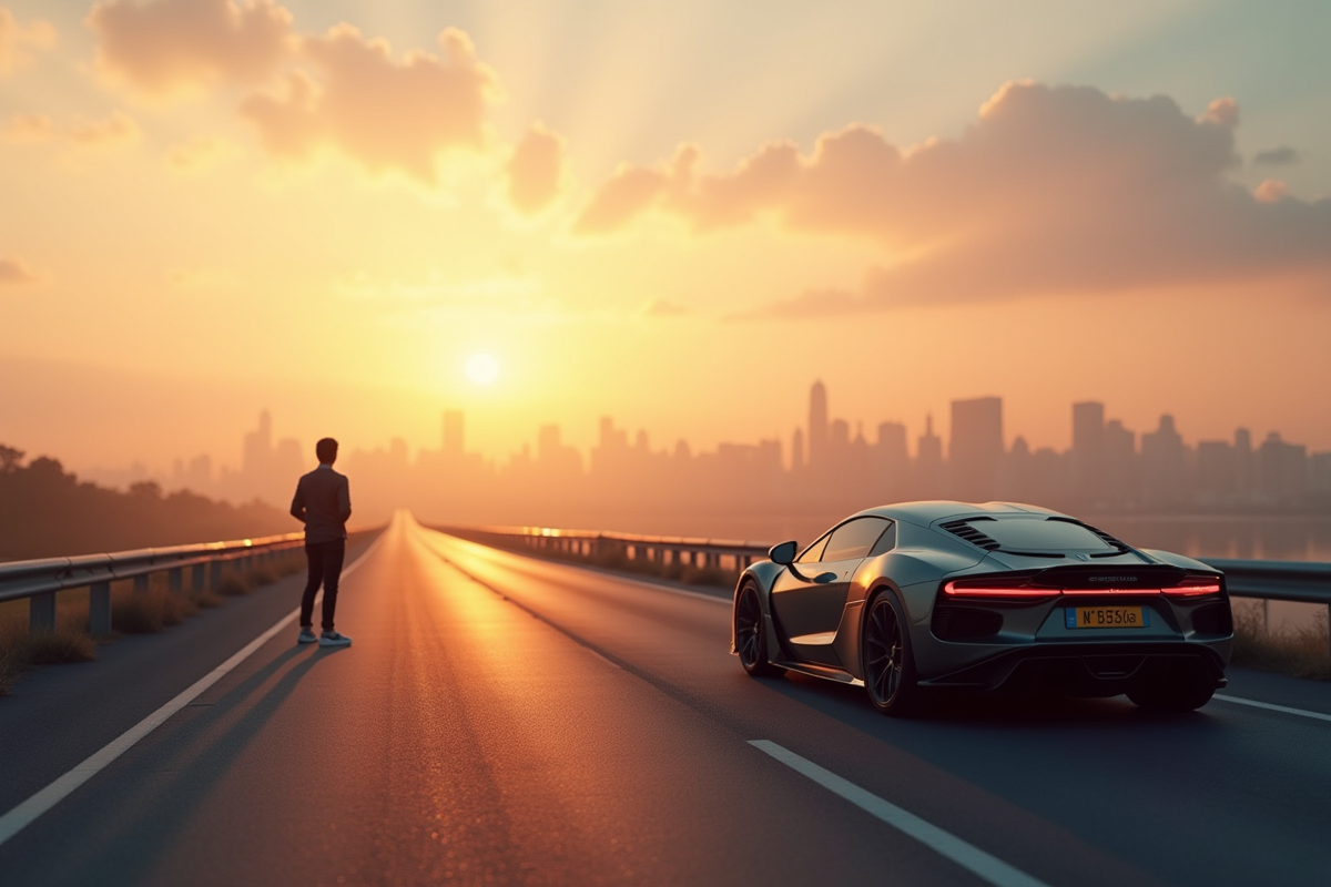 Voiture moderne garée sur une route au coucher de soleil avec vue sur la ville