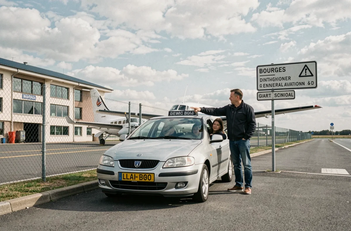 Auto-école Royal Aéroport à Bourges avec une leçon près du terminal de l'aéroport