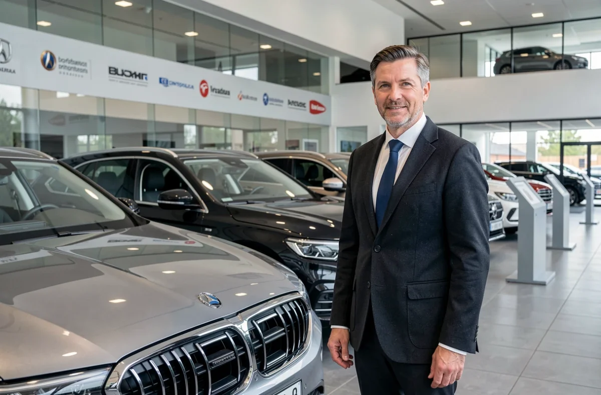 Vendeur professionnel devant une rangée de véhicules multimarques dans le showroom de Sofida Auto, groupe automobile du Nord-Pas-de-Calais