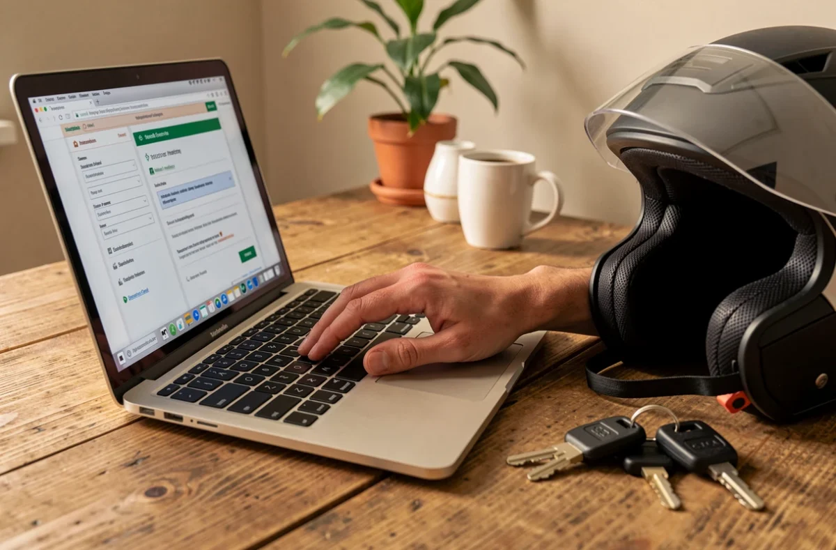 Mains sur un ordinateur portable pour souscrire une assurance scooter en ligne, avec casque et clés de scooter posés sur un bureau en bois