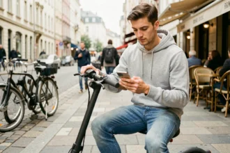Jeune homme consultant son smartphone pour souscrire une assurance scooter en ligne, assis sur son scooter dans une rue urbaine