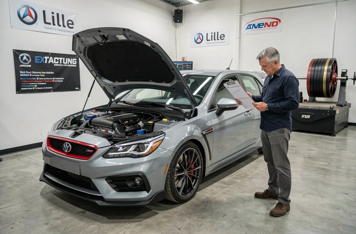 Spécialiste en reprogrammation moteur essence examinant des courbes de puissance sur dynamomètre dans un centre de tuning à Lille
