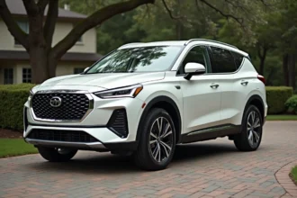 SUV familial blanc nacré garé dans une allée résidentielle, vue en angle 3/4 avant mettant en valeur la calandre et la carrosserie sculptée
