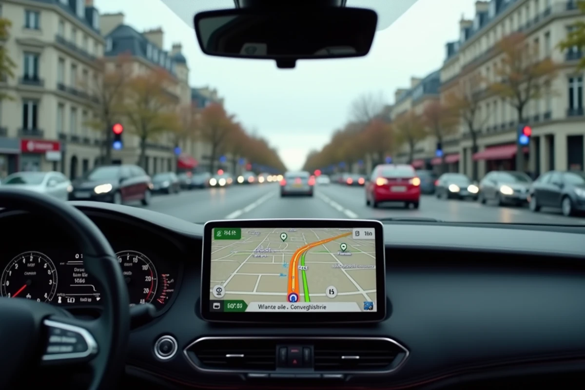 Tableau de bord avec GPS Mappy affichant un itinéraire alternatif en plein embouteillage dans une ville française