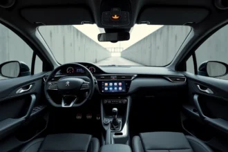 Tableau de bord de la Peugeot 308 avec l'i-Cockpit numérique et l'écran central tactile, vue depuis le siège conducteur