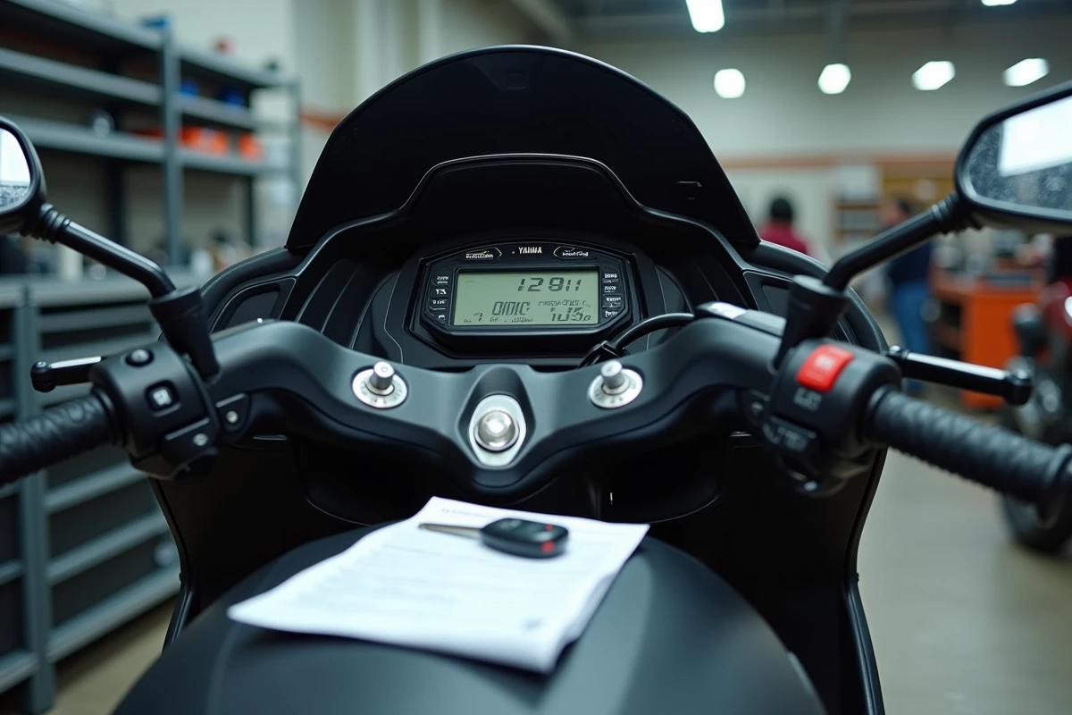 Tableau de bord et compteur kilométrique d'un Yamaha TMAX 750 d'occasion avec checklist d'inspection en concession