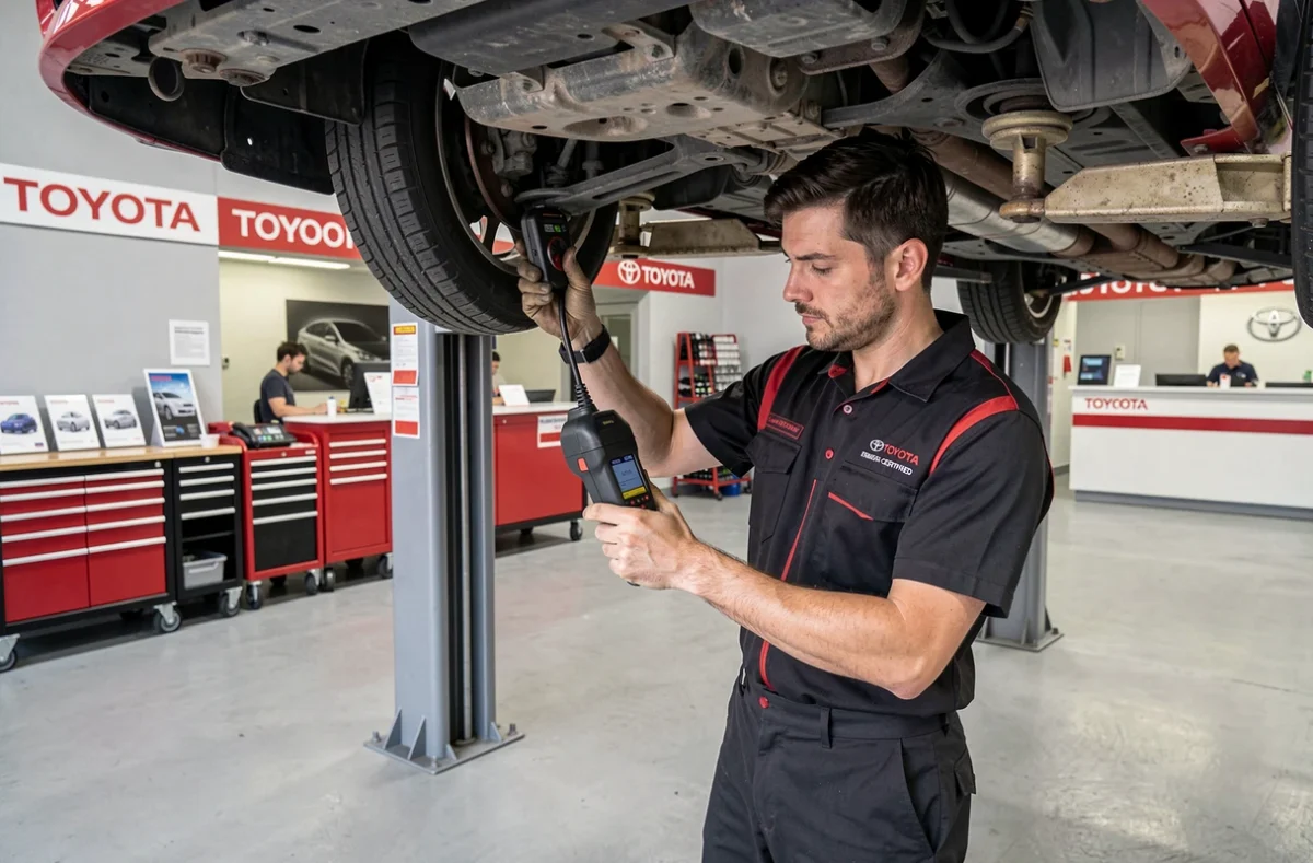 Technicien certifié Toyota vérifiant le système hybride d'une Prius dans le garage spécialiste Team Toy 75 à Paris