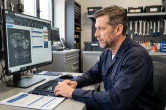 Technicien automobile professionnel consultant des données d'atelier sur écran dans un garage moderne avec checklist imprimée