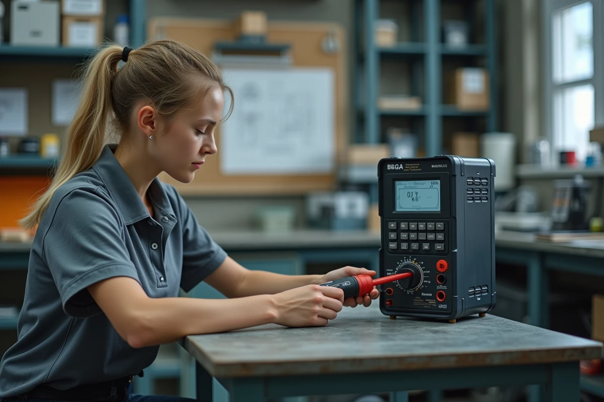 Technicienne vérifiant un boîtier BPGA avec un multimètre