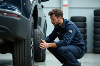 Technicien automobile inspectant un pneu dans un centre de montage professionnel