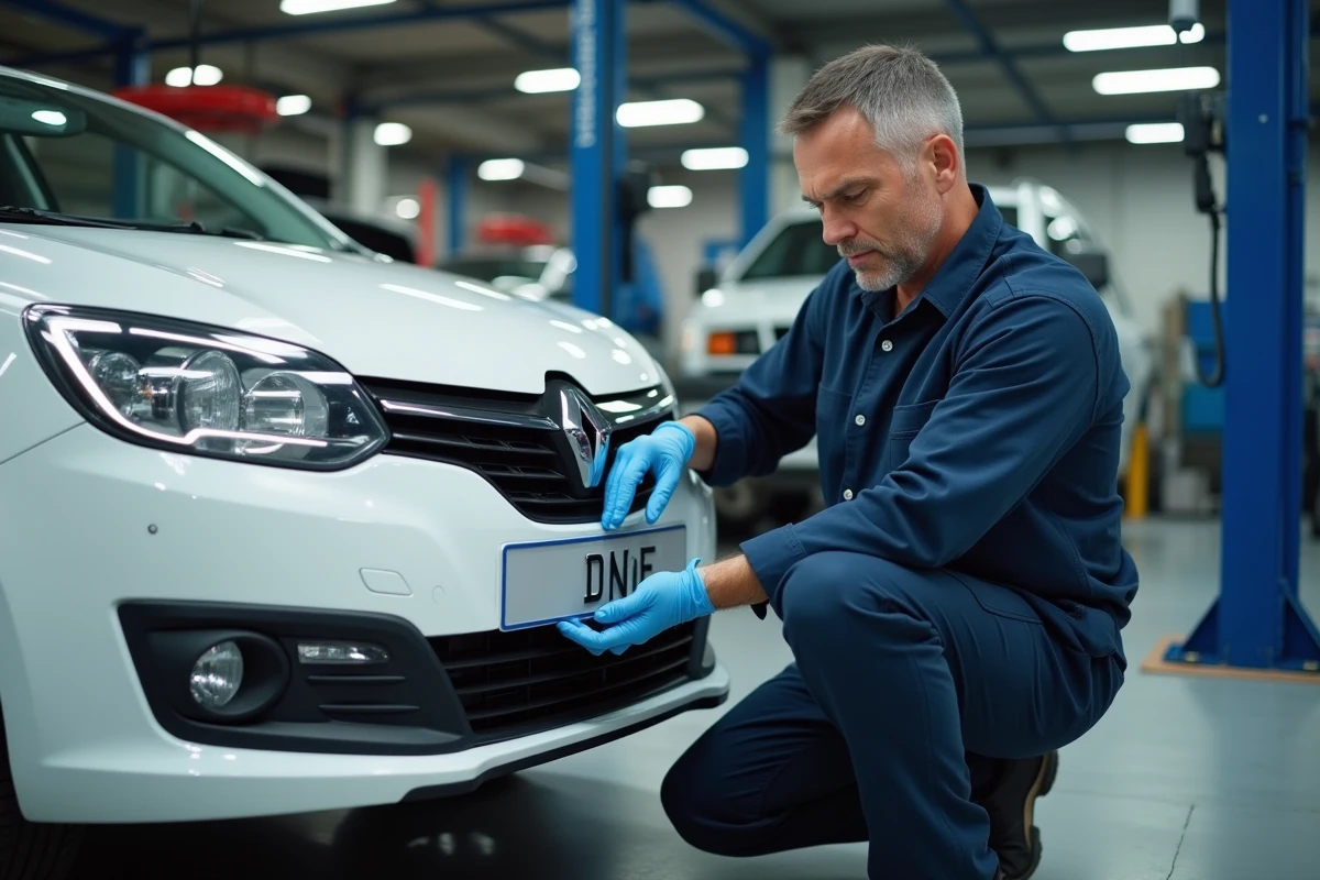 Technicien automobile installant une nouvelle plaque d'immatriculation SIV sur un véhicule blanc dans un atelier de mécanique professionnel
