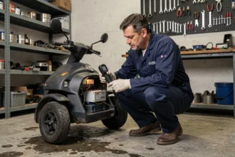 Technicien automobile inspectant l'unité de contrôle électronique d'une voiture sans permis dans un atelier de mécanique