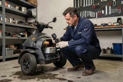 Technicien automobile inspectant l'unité de contrôle électronique d'une voiture sans permis dans un atelier de mécanique