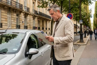 Touriste consultant un plan de stationnement près d'une voiture garée avenue bordée d'arbres à Versailles