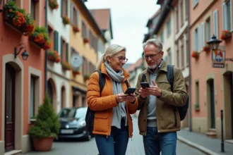 Couple de touristes consultant une application de stationnement sur smartphone dans les rues pavées de Colmar avec bâtisses alsaciennes colorées en arrière-plan