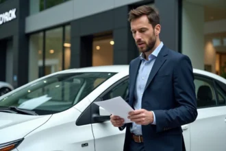 Homme examinant un contrat de LOA devant une Toyota Corolla blanche chez un concessionnaire