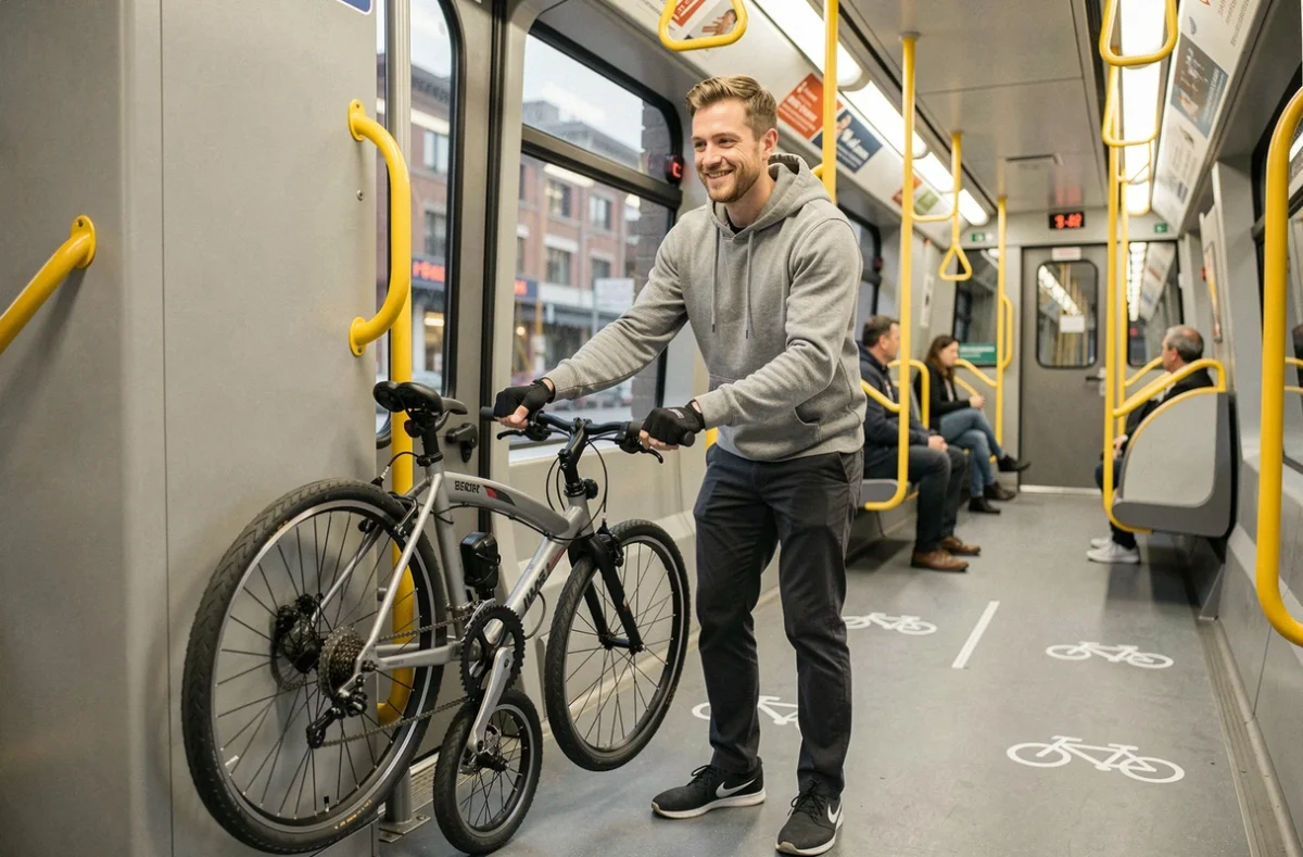 Voyageur montant dans le tramway T5 avec son vélo pliant lors d'un trajet mixte