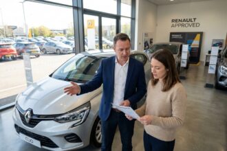 Vendeur de concession Renault présentant une voiture d'occasion à une cliente dans un showroom moderne